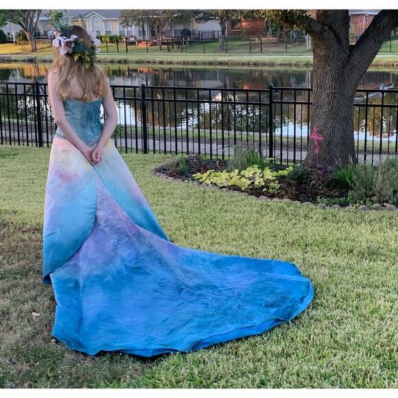 Hand-Painted One of a kind Strapless Beaded Sunset Ombre Gown -Art Couture Sz 6 - Picture 14 of 16